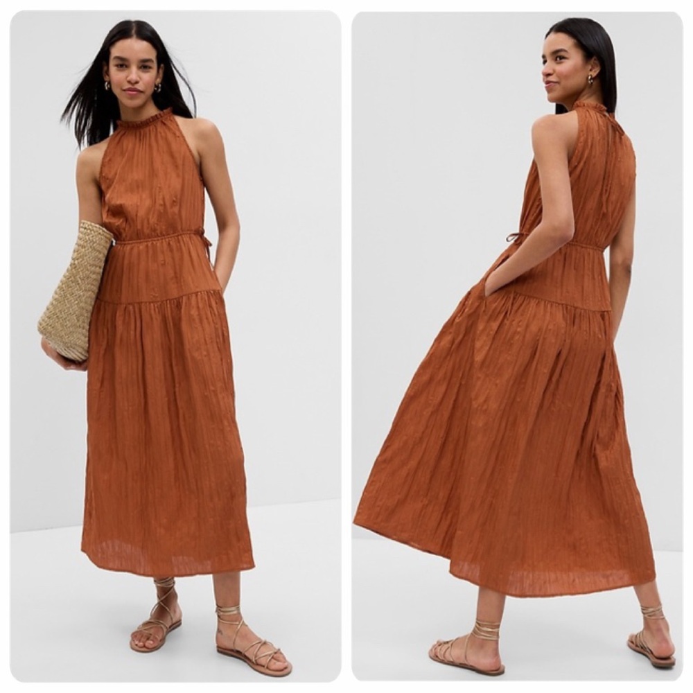 Gap Rust Orange Satin High Neck Midi Dress
